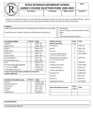 Fillable Online Reynolds Sd Bc Grade Course Selection Form