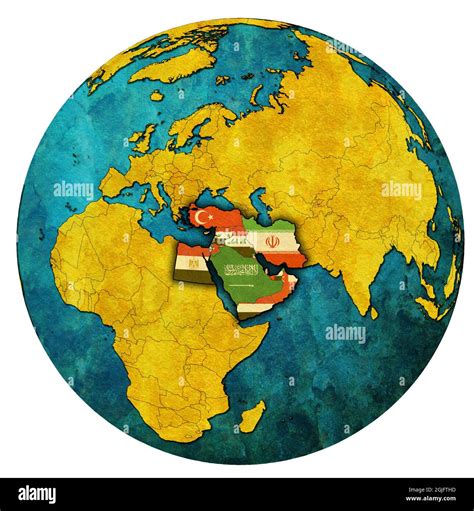 Territory And Borders Of Middle East Region With Country Flags On Globe