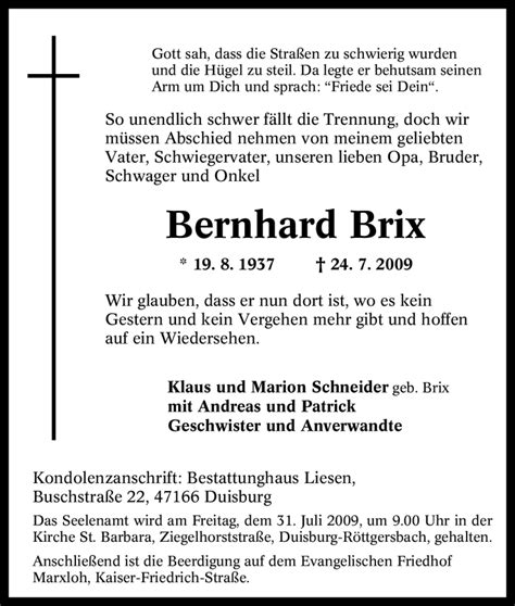 Traueranzeigen Von Bernhard Brix Trauer In NRW De