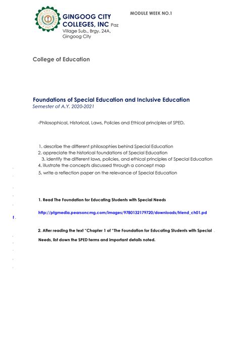 FSI Module Week 1 - GINGOOG CITY COLLEGES, INC Paz Village Sub., Brgy ...