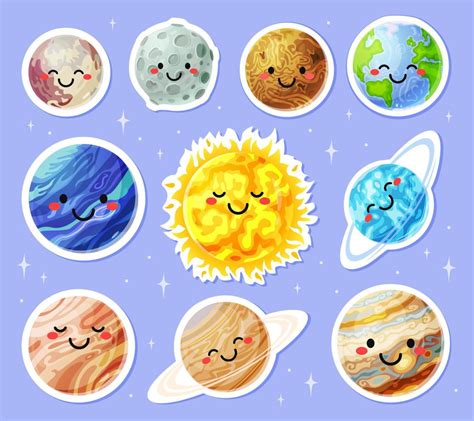 Planeta Pegatinas Dibujos Animados Planetas Con Linda Caras Sol Tierra Luna Marte Pegatina