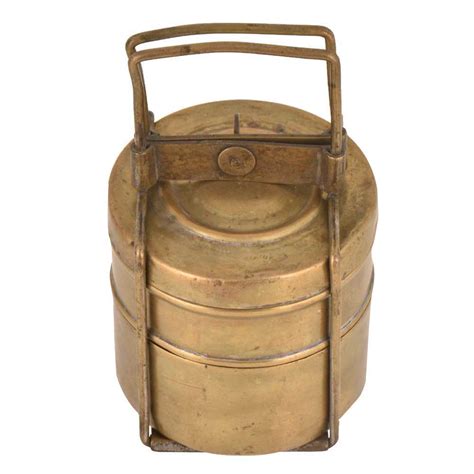 Brass Tiffin Box With Two Containers And Brass Strap Frame