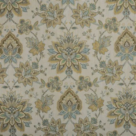 Mist Blue And Beige Floral Linen Upholstery Fabric By The Yard M5497