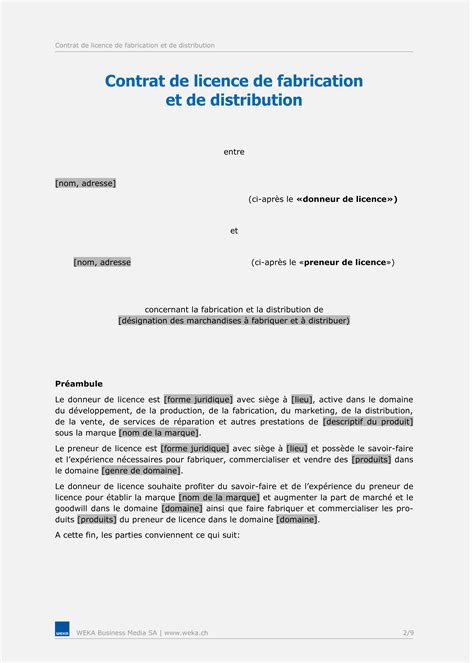 Mod Le De Contrat De Licence De Fabrication Et De Distribution