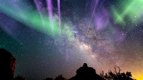 Sedona Solar Storm Aurora Purple Green And Milky Way Galaxy Over Bell