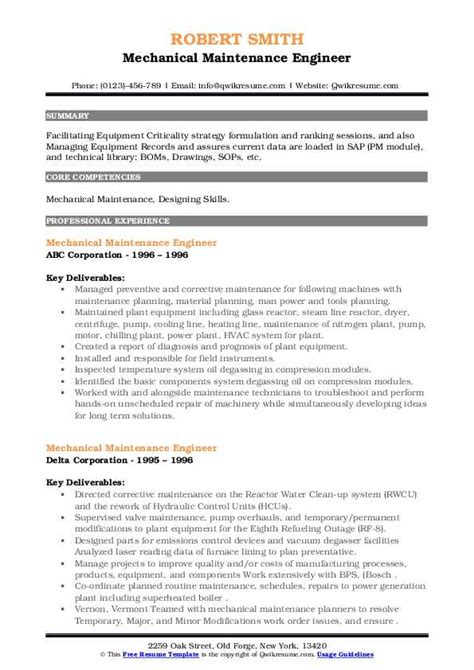 Mechanical Maintenance Engineer Resume Samples Qwikresume