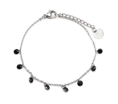 Bc E Bracelet Fine Cha Ne Acier Argent Avec Charms Pierres Noires