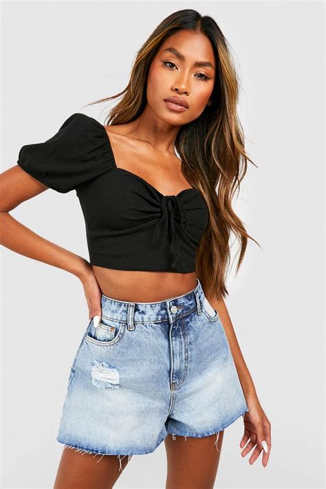 Black Puff Sleeve Tie Detail Ruched Crop Top Boohoo Uk