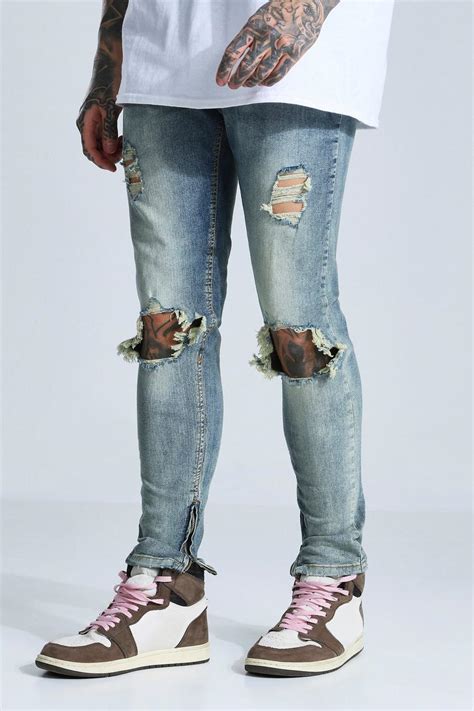 Skinny Stretch Exploded Knee Ripped Jeans Boohoo Uk