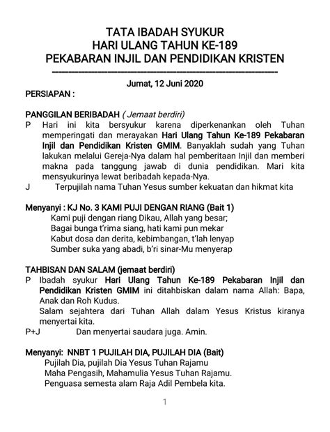 TATA IBADAH SYUKUR HARI ULANG TAHUN KE 189 PEKABARAN INJIL DAN