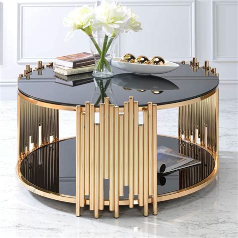 Round Gold Coffee Table With Smoked Glass Top Art Deco Inspired Modern