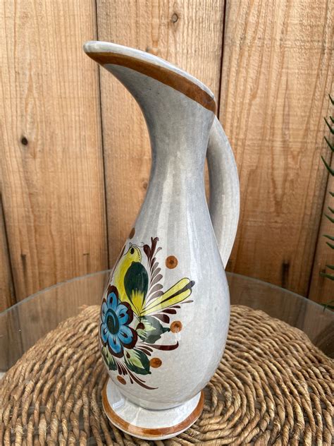 Vintage Mexican Pottery Hand Painted Pitcher Vase 11 Tall By