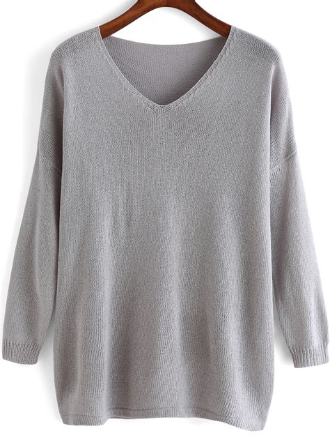 Grey V Neck Loose Knit Sweater Shein Sheinside