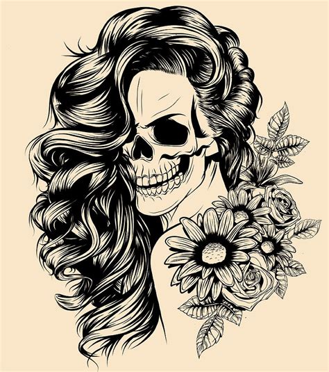 Girl With Skeleton Make Up Hand Drawn Vector Sketch Santa Muerte Woman