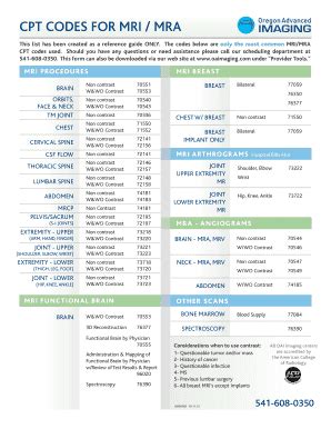 Fillable Online CPT CODES FOR MRI / MRA Fax Email Print - pdfFiller