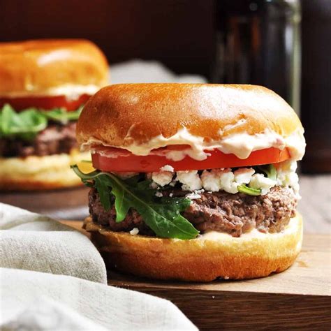 Greek Style Lamb Burgers With Feta Harissa Aioli Pinch And Swirl In