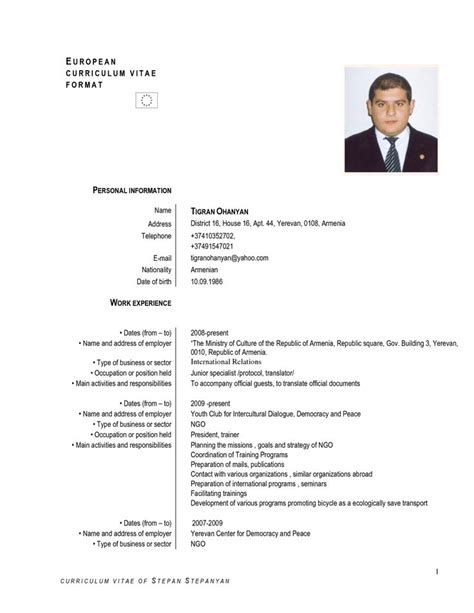 Europass Cv English Example Doc Cv Examples Europass English Cv