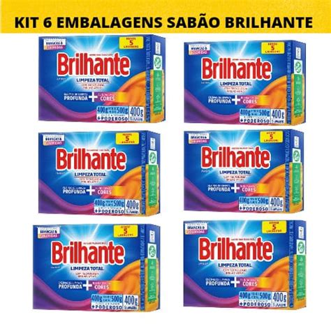 Kit 6 Sabão Brilhante Lava Roupas em Pó Brancas e Coloridas Limpeza