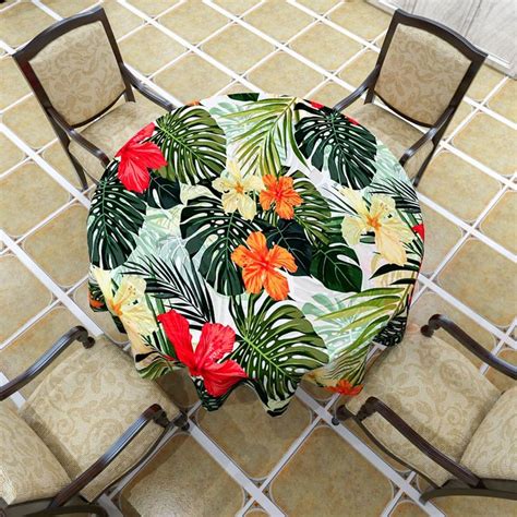 Tropical Round Tablecloth Hawaiian Palm Tree Hibiscus Flowers Plants