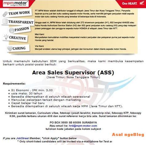 Asal NgeBlog Lowongan Kerja Area Sales Supervisor MPM Motor