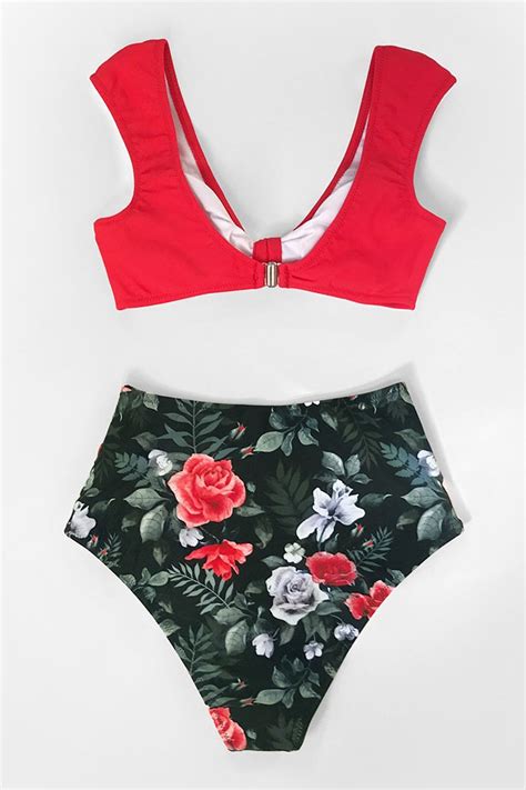 Red Floral High Waisted Bikini Bottom