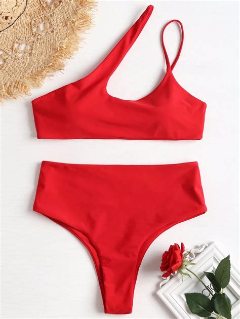 High Cut One Shoulder Women Bikini Set High Waisted Hollow Out Bikinis