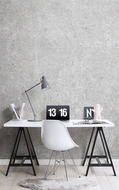 Create a minimalist Scandinavian style home office with modern office wallpaper murals and ...