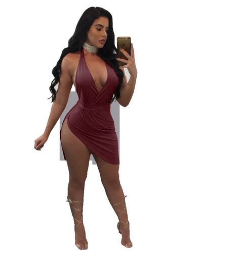 Deep V Hollowed Out Hanging Dress Open Fork Hanging Neck V Neck Ruffle Bodycon Dress Nightclub