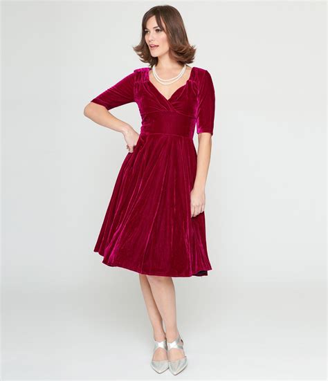 Collectif Plum Velvet Trixie Flare Dress Unique Vintage