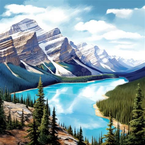 Vibrant Realism A Stunning Mountain Lake Illustration Stock