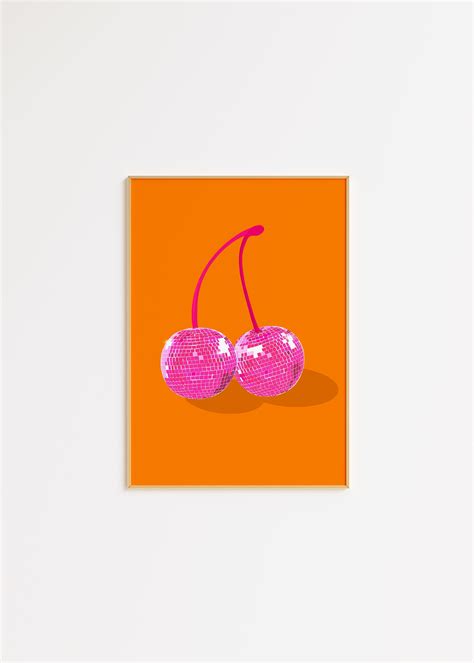 Orange And Pink Cherry Disco Ball Art Printable Cherries Wall Art Etsy