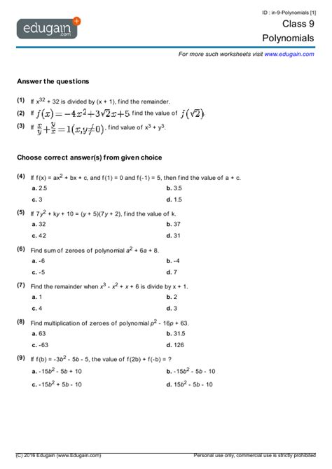 Intro To Polynomials Worksheet