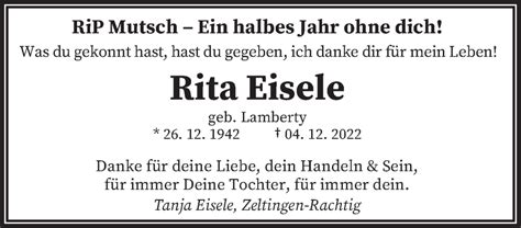 Traueranzeigen Von Rita Eisele Volksfreund Trauer De