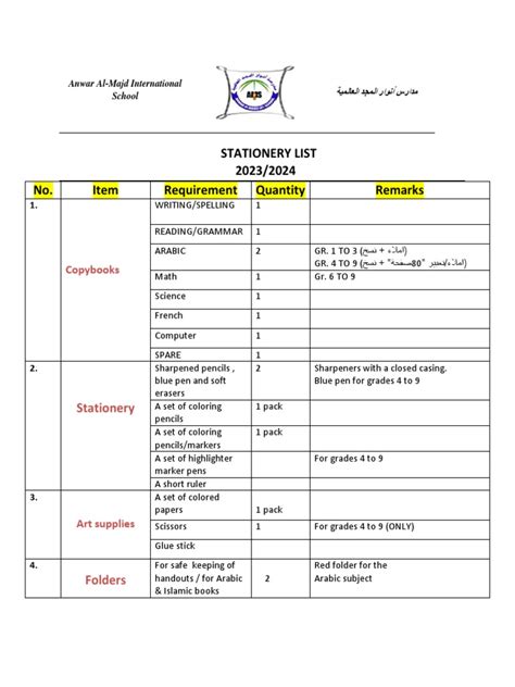 Stationery List | PDF