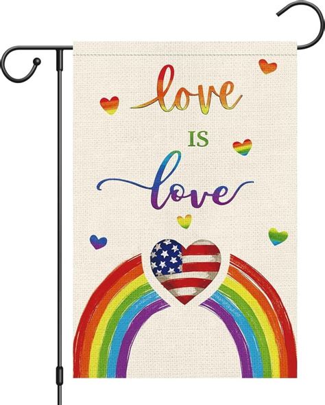 Love Is Love Rainbow Pride Garden Flag 12x18 Double Sided Burlap Heart Gay Lesbian LGBT