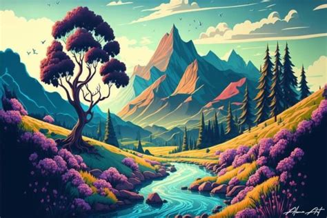 Stunning Paradise Mountain Landscape Art Graphic by Alone Art ...