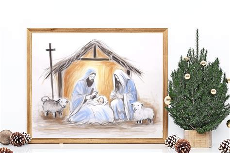 Christmas Nativity Birth of Jesus Art, Mary Joseph and Baby Jesus ...