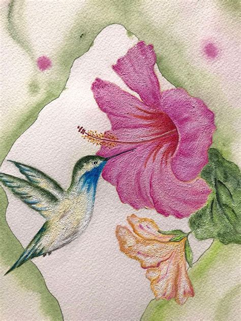 Blue Hummingbird Pink Hibiscus Original Acrylic Painting Hummingbird