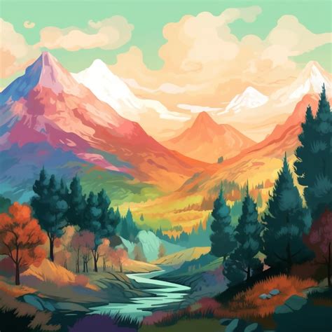 Una pintura de un paisaje de montaña con un río que lo atraviesa