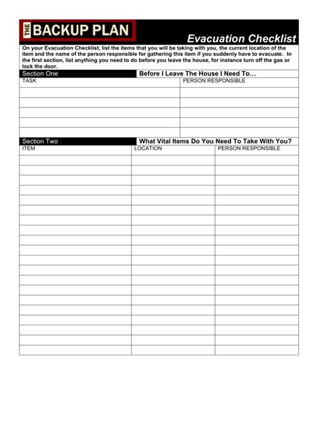 Printable Evacuation Checklist