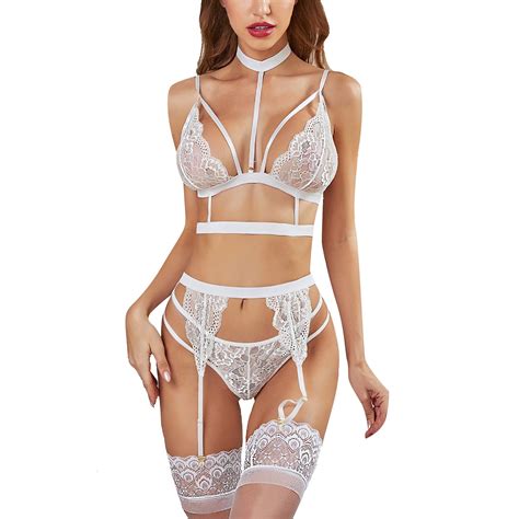 Youmylove Lace Garter Solid Color Lingerie Set With Removable Choker