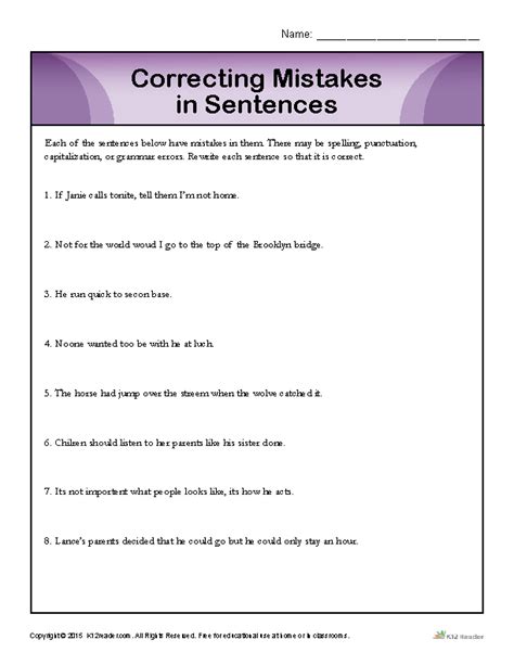 Grammar Sentence Correction Worksheets