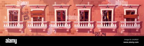 Abandoned building facade. Vector cartoon illustration of old house ...