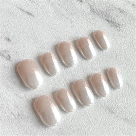 Short Press On Nails Chrome Pearl Nails Nude Color Ombre Etsy