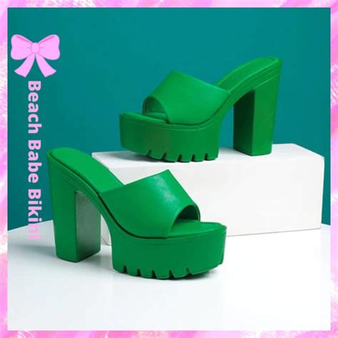 Platform Chunky Heeled Mule Sandals Green Beach Babe Bikini