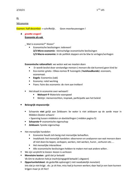 Economie Samenvatting Kl Economie Examen Half December