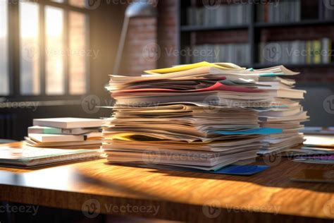 Office Desk With An Organized Stack Of Papers Unfinished Documents On