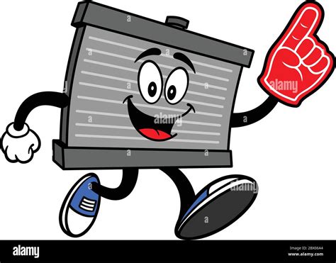 Radiator Mascot Running With Foam Finger A Cartoon Illustration Of A