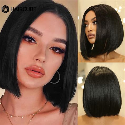 Short Jet Black Synthetic Wigs For Women Middle Part Straight Hair Heat