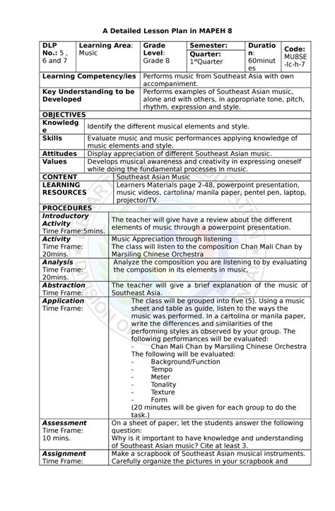 Music 8 Q1 56and7 Lesson Plan A Detailed Lesson Plan In Mapeh 8